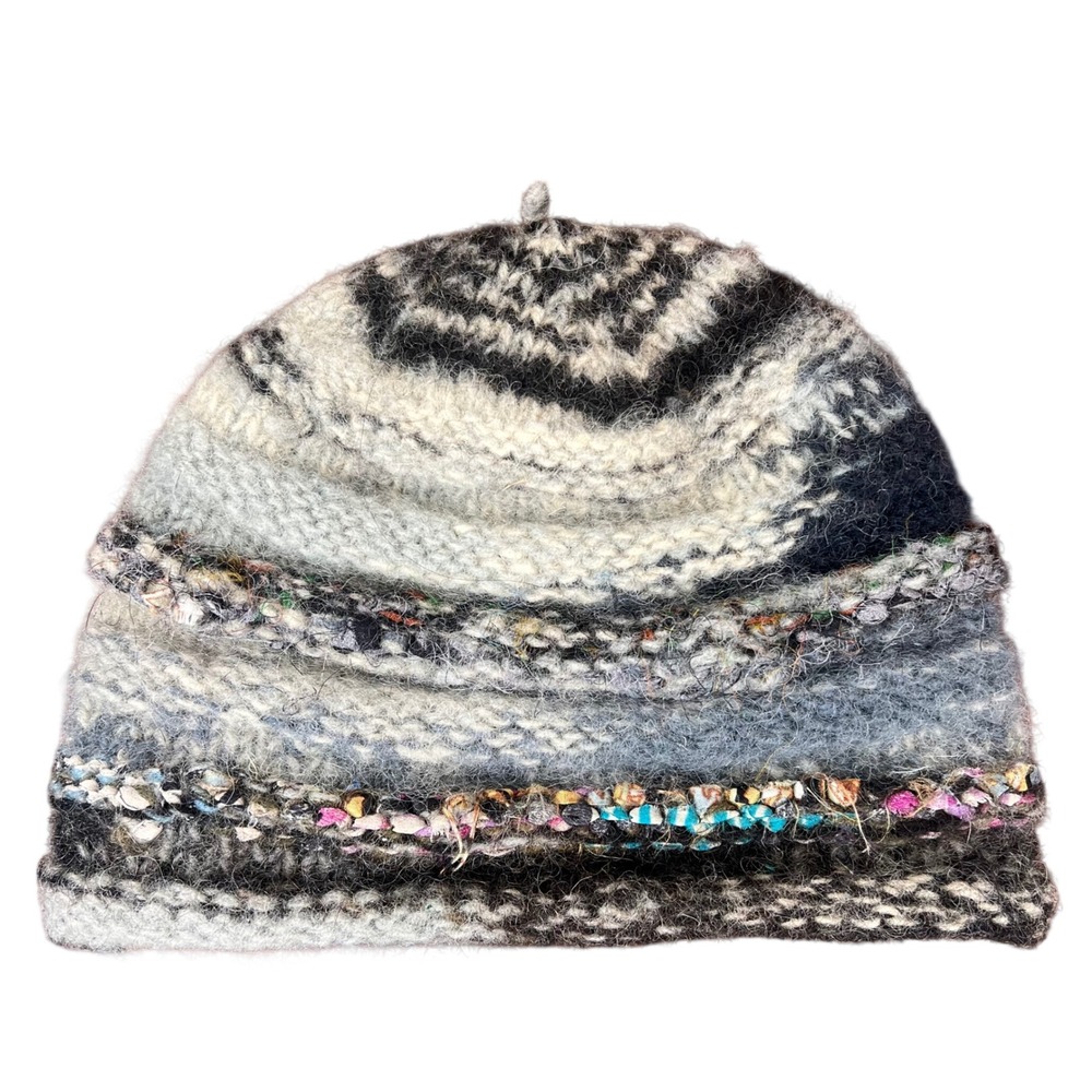 Handmade Nepal 100% Wool Fleece Lined Striped Beanie Hat Grey Multi Color